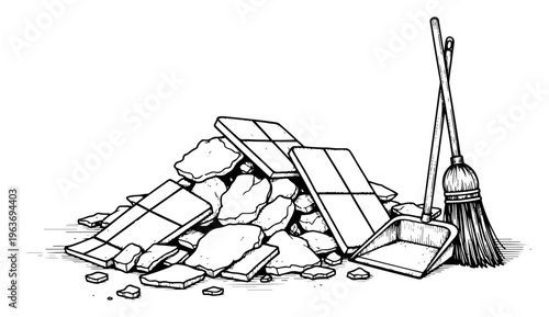 Construction cleanup scene with debris pile and broom