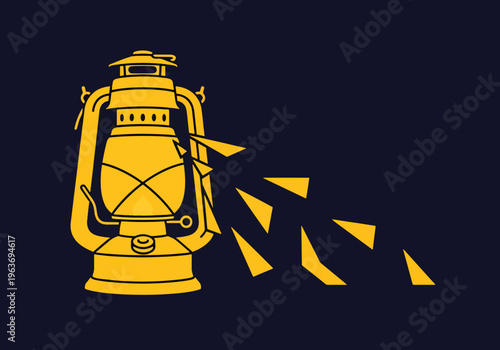 Vintage golden kerosene lamp with bright light rays illuminating a dark blue background vector illustration.