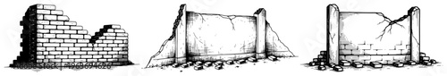 Set of ruined and broken wall sections with crumbled debris in sketch style