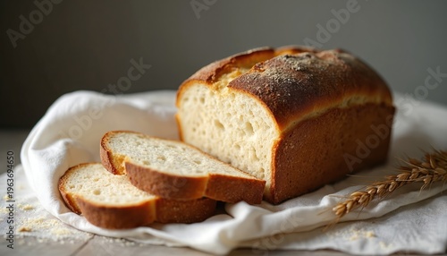 Freshly baked artisan loaf of white bread, sliced for serving. Golden crust and soft crumb texture, next to wheat stalk on cloth. Perfect for breakfast or sandwiches.