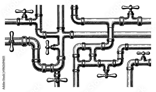 Complex industrial plumbing system with pipes valves and faucets background