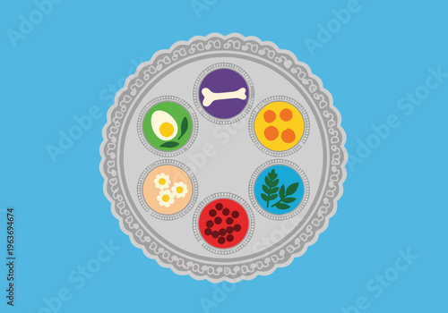 Jewish passover seder plate with traditional symbolic foods on a blue background vector illustration.
