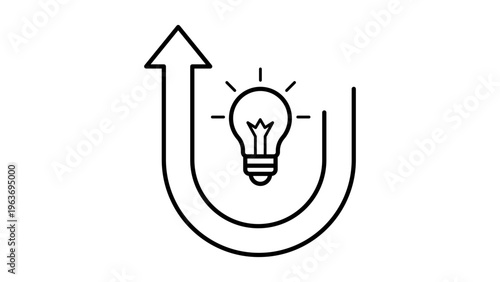 Business pivot and innovation vector icon illustration featuring a minimalist black line art light bulb inside a U-turn arrow pointing upwards, symbolizing strategic change and growth ideas.