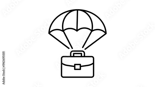 Minimalist black line vector icon illustration of a briefcase with a parachute, symbolizing a golden parachute exit strategy, corporate severance package, business safety net, and risk management.