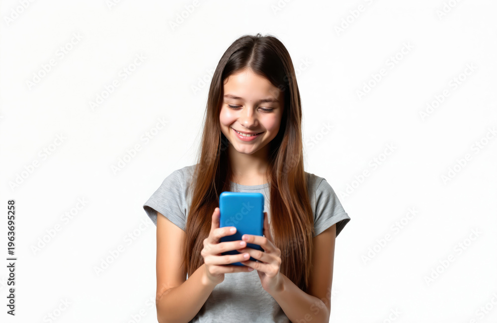 Fototapeta premium Young girl smiles while looking at blue phone screen. Happy teen uses mobile device for browsing or texting. Modern communication with tech on white background.