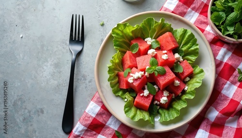Juicy watermelon cubes with feta cheese and mint leaves on lettuce bed. Fork on side, red checkered napkin on table. Refreshing summer salad.