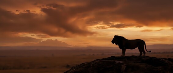 Majestic lion silhouette standing on rocky outcrop against dramatic orange sunset sky in African savanna landscape for wildlife and nature themes.