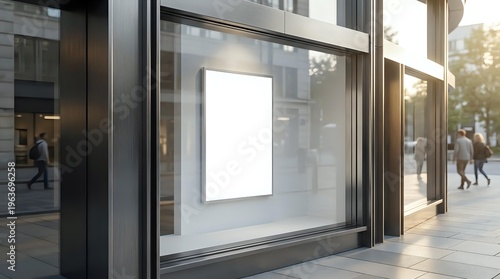 Modern storefront window display with blank white poster frame for advertising mockup on urban street with pedestrians walking by during daytime.