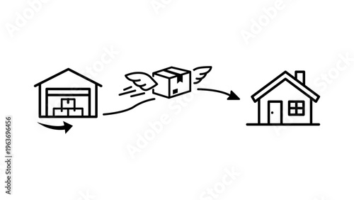 Dropshipping minimalist black line vector icon on a white background representing the supply chain process from warehouse to home delivery with a flying package box and arrows illustration.