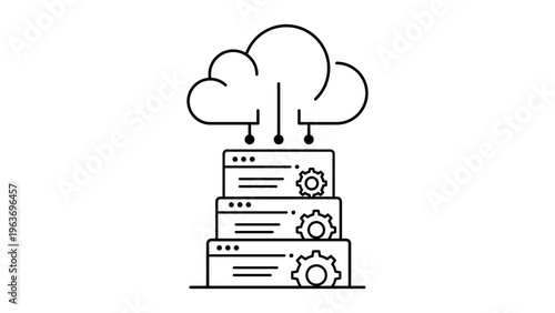 SaaS platform minimalist black line vector icon on white background, featuring a cloud connected to server windows with gear symbols, representing software as a service and cloud computing.