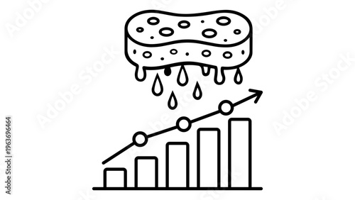 Market saturation vector icon illustration featuring a dripping sponge over a rising bar graph and arrow, representing economic peak, business growth limits, and resource depletion in line art.