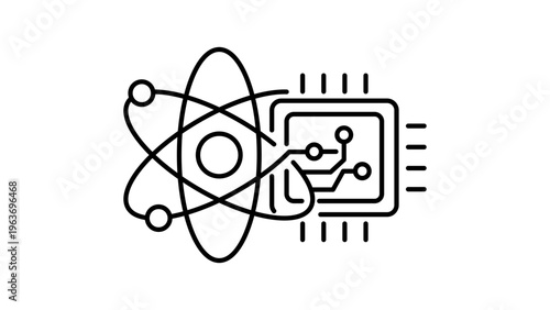 Quantum Computing Vector Icon: A minimalist black line illustration of an atom integrated with a microchip, representing advanced technology, physics, and future computing on a white background.