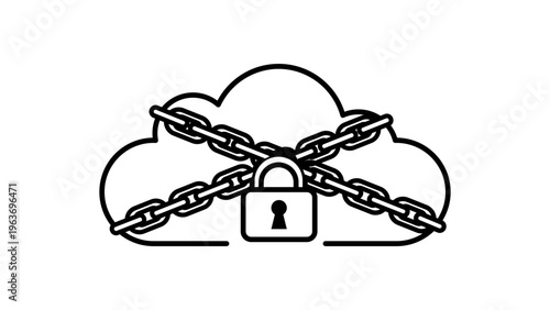 Cloud Security Minimalist Black Line Vector Icon Illustration on White Background Representing Data Protection, Cybersecurity, and Encrypted Storage with Padlock and Chains, Scalable Outline Design