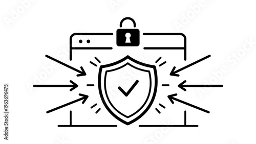 Zero Trust Architecture Vector Icon Illustration: Minimalist Black Line Art Representing Cyber Security, Network Protection, Data Privacy, and Secure Web Access with Shield, Lock, and Arrows.