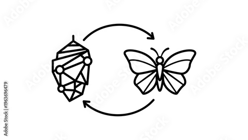 Change Management Vector Icon: Minimalist black line illustration on a white background representing transformation and metamorphosis through a chrysalis, butterfly, and circular process arrows.