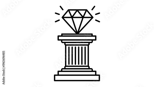 Value Proposition Concept: A minimalist black line vector icon of a shining diamond resting on a classic Greek column pedestal, symbolizing premium quality, luxury, and core business values.