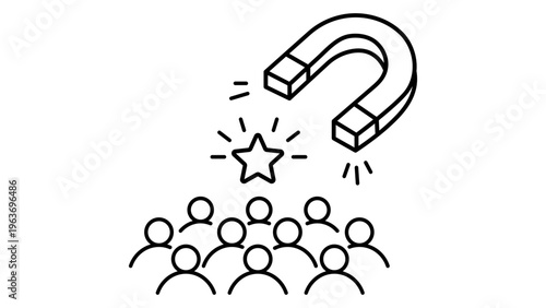 Talent Acquisition Vector Icon: A minimalist black line illustration on a white background showing a horseshoe magnet attracting a star from a group of people, representing recruitment and hiring.
