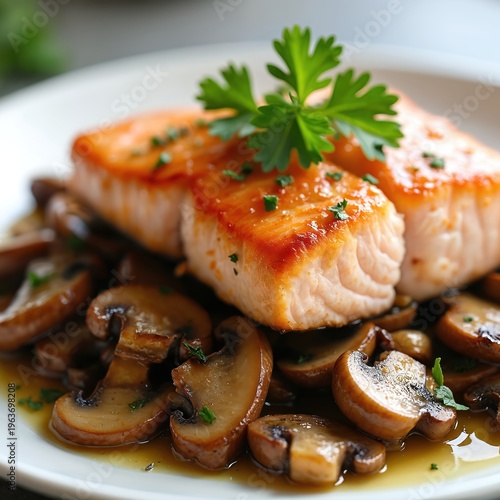 Cooked salmon fish fillet served with sauteed mushrooms and parsley. This healthy gourmet meal is perfect for food blogs restaurant menus or recipe sites.