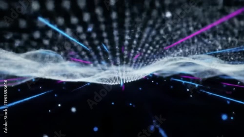 Wallpaper Mural Luminous digital mesh wave dots & lines undulates in deep black cyberspace, vibrant blue, purple, magenta, ethereal particles. AI intelligence concept Torontodigital.ca
