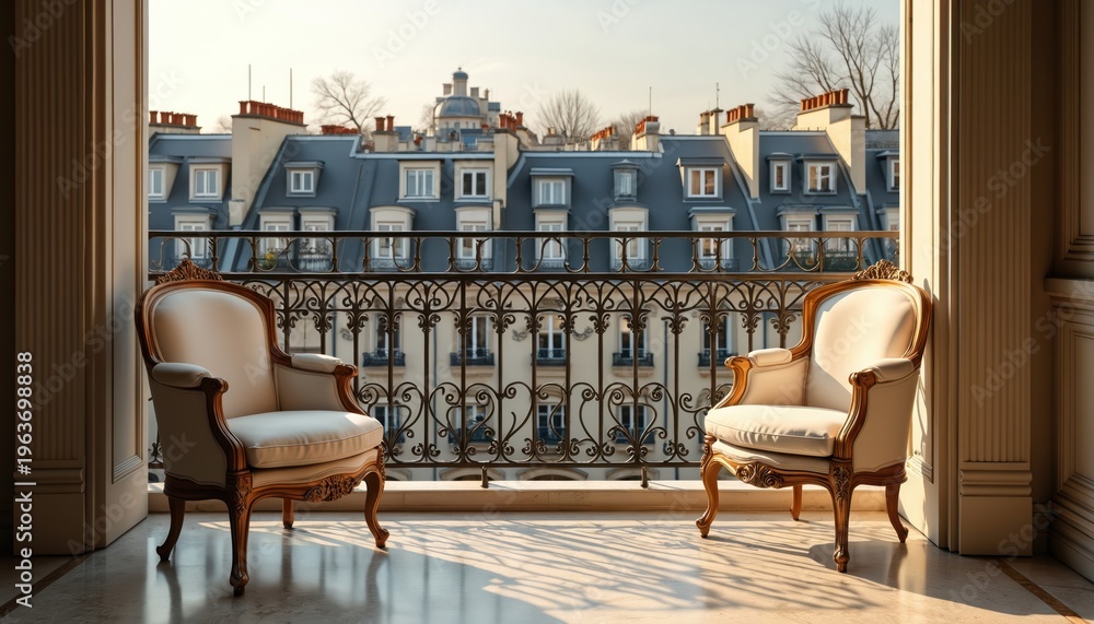 Obraz premium Two ornate chairs on a Paris balcony overlooking city rooftops and historic buildings. Sunlight casts shadows on the marble floor. Peaceful scene depicts luxury urban living and quiet contemplation.