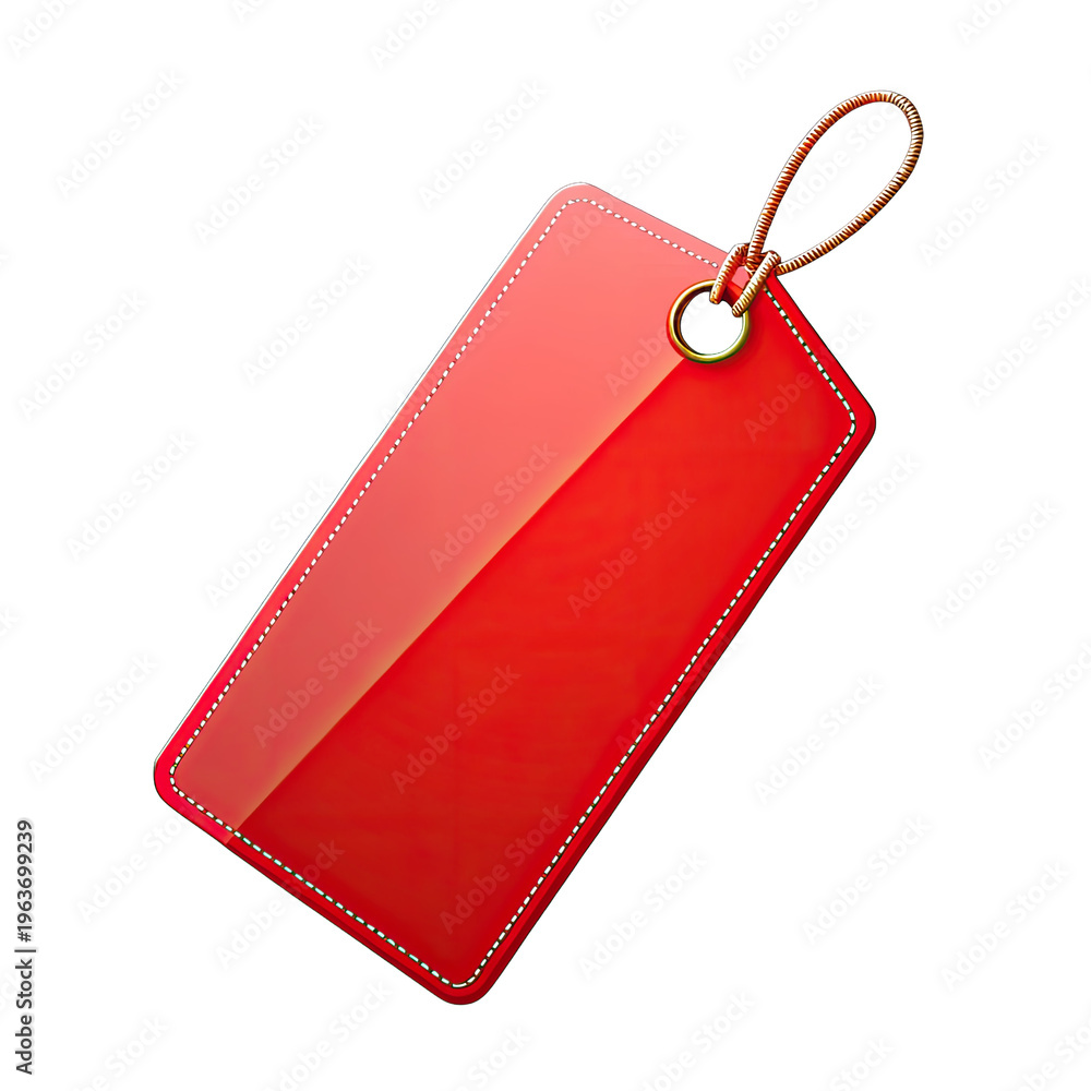 Fototapeta premium Red gift tag with white stitching and gold loop, blank and ready for use, perfect for adding personalized messages or labels.