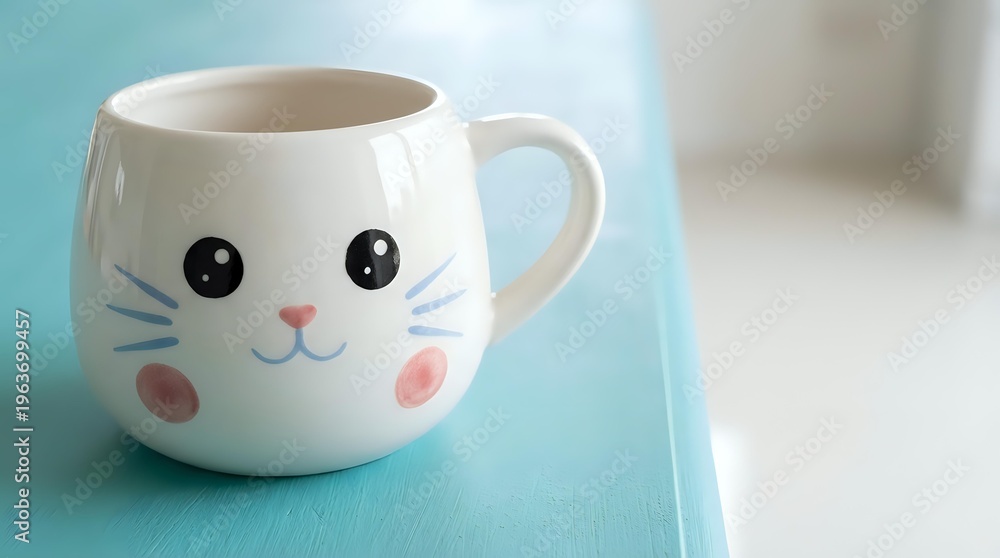 Fototapeta premium White ceramic cat face mug with cute kawaii expression featuring whiskers, pink nose and rosy cheeks on turquoise surface for kitchen decor and beverage enjoyment.