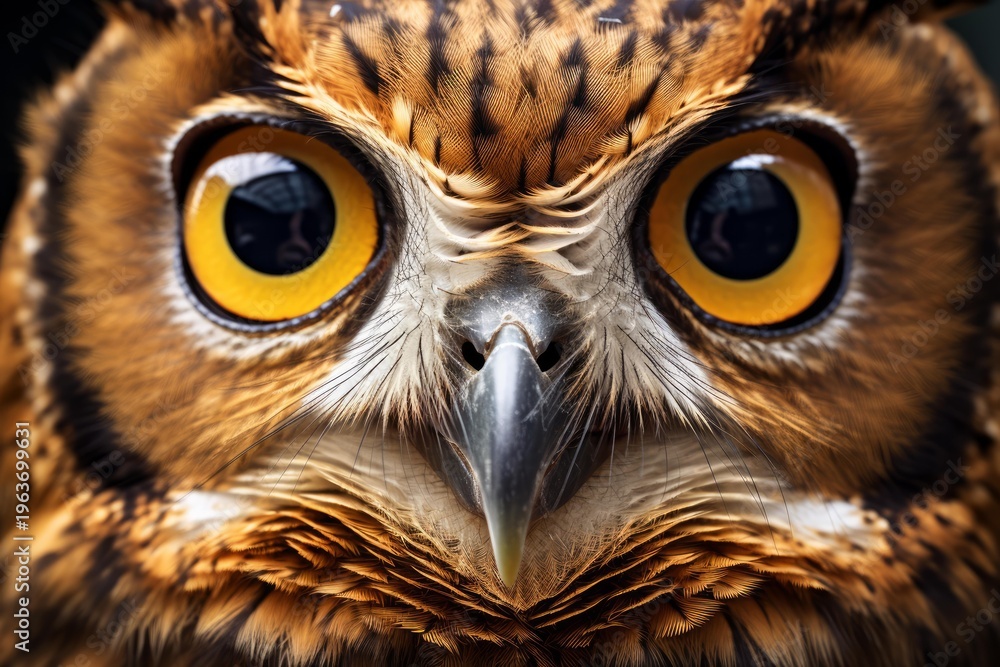 Naklejka premium Owl's face showing intense golden eyes and intricate feather details