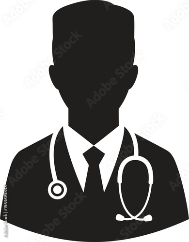 A stark black silhouette depicts a male doctor or healthcare professional wearing a suit and stethoscope conveying a medical theme