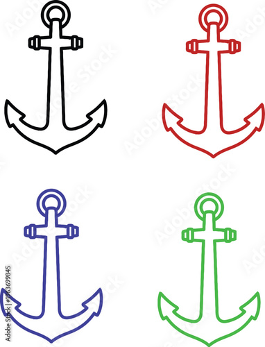 A graphic illustration depicts four differently colored anchors rendered in a simple outline style against a white background high quality
