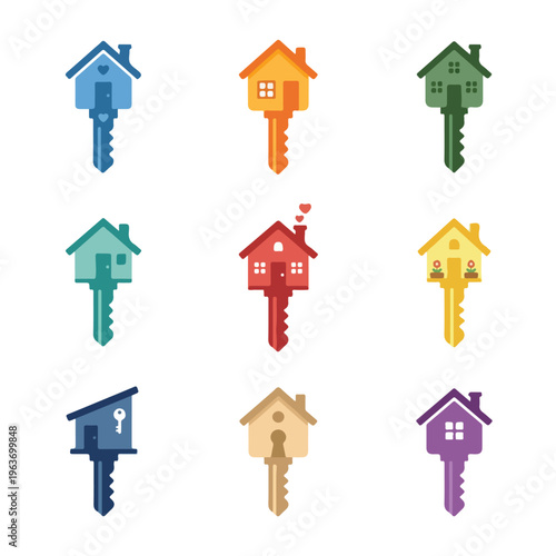 Colorful house keys icons set.