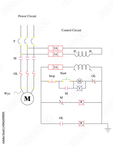 Industrial motor control center schematic with power and control circuits