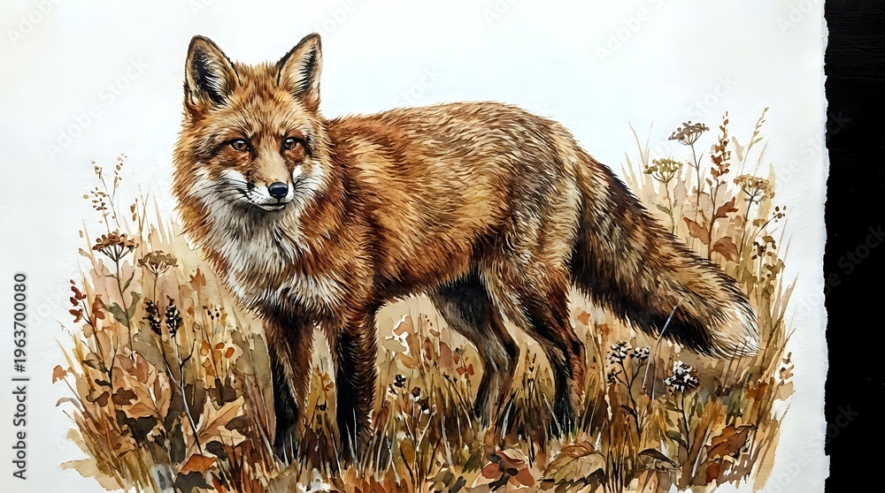 Obraz premium Red fox standing in autumn grassland with golden brown fur and alert expression in natural wildlife habitat.