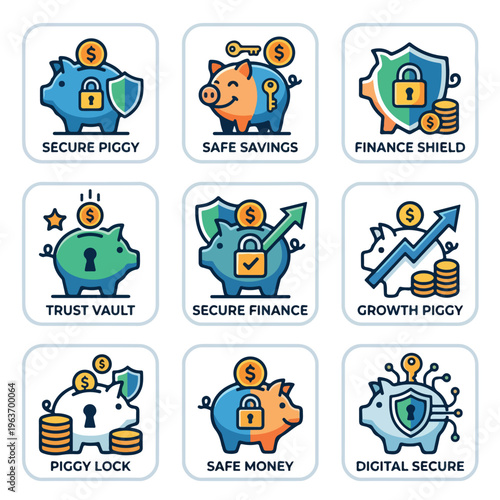 Secure Piggy Bank Savings Icons.