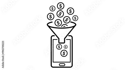 Minimalist black line vector icon illustration of dollar coins falling through a funnel into a smartphone, representing microtransactions, mobile payments, app monetization, and digital finance.