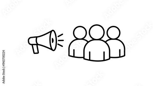 Minimalist black line vector icon illustration of a megaphone broadcasting to a group of people, representing micro-influencer marketing, audience engagement, and social media communication.