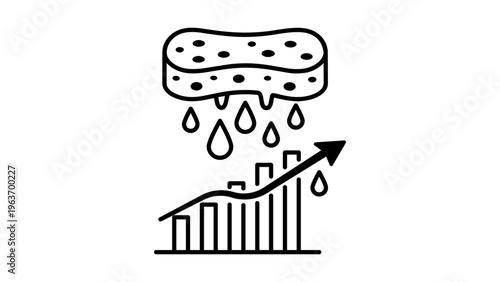Market Saturation Vector Icon Illustration: A minimalist black line drawing of a dripping sponge over a rising bar chart, symbolizing economic overflow, business growth, and market capacity.