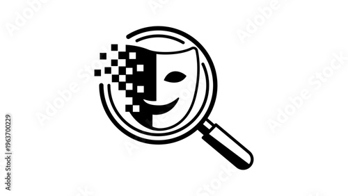 Deepfake detection vector icon illustration featuring a magnifying glass over a pixelated face mask, representing AI fraud prevention, digital security, and media verification on a white background.
