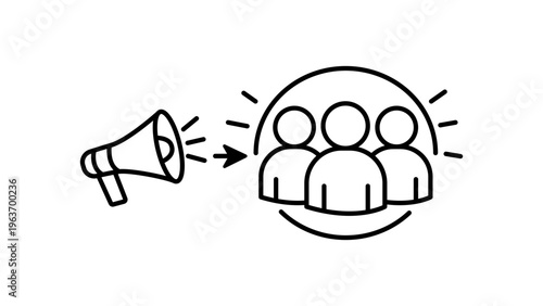 Micro-influencer minimalist black line vector icon illustration on white background, featuring a megaphone pointing towards a group of people in a circle, representing marketing and social media.