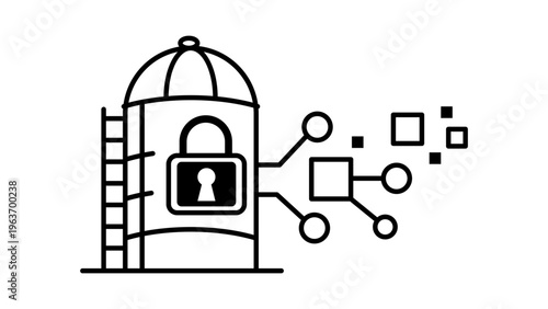 Minimalist black line vector icon of a data silo featuring a padlock and digital connection nodes, representing secure data storage, information isolation, database security, and tech silos.