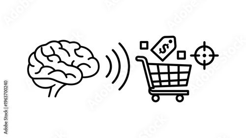 Neuromarketing vector icon illustration with a brain, signal waves, shopping cart, price tag, and target symbol on white background, representing consumer psychology and targeted retail marketing.