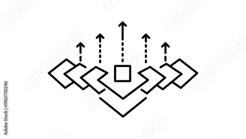Minimalist black line vector icon illustration of scalability and growth, featuring expanding square layers and upward arrows on a white background for business and technology concepts.