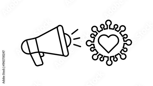 Viral Marketing Vector Icon Illustration: A minimalist black line drawing of a megaphone broadcasting a heart inside a virus symbol, representing social media spread, health awareness, and love.
