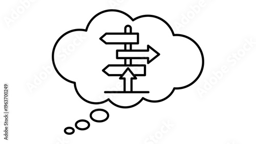 Scenario Planning and Strategic Decision Making Concept: A Minimalist Black Line Vector Icon Illustration Featuring a Thought Bubble with a Multi-Directional Signpost on a White Background.