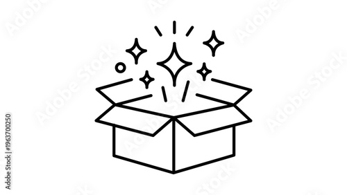Minimalist black line vector icon of an open cardboard box with magic sparkles and stars coming out, representing a premium unboxing experience, surprise gift, or product delivery illustration.