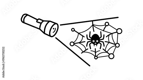 Dark Web Monitoring Minimalist Black Line Vector Icon Illustration; Flashlight Beam Illuminating a Spider in its Web on White Background, Representing Cybersecurity, Safety, and Cybercrime.