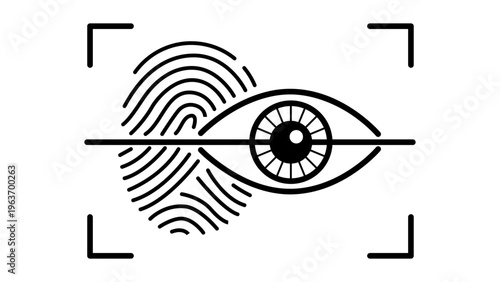 Biometric Authentication Vector Icon Illustration Featuring a Minimalist Black Line Fingerprint and Eye Iris Scan on a White Background for Digital Security, Identity Verification, and Access.