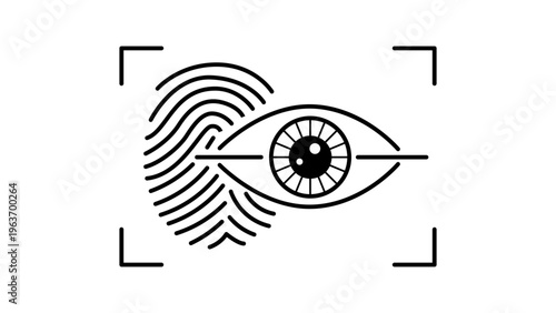 Biometric Authentication Vector Icon Illustration. Minimalist black line art design on white background featuring a fingerprint and eye iris scan within a viewfinder frame for digital security.