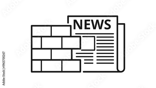Paywall vector icon illustration featuring a minimalist black line drawing of a brick wall blocking access to a newspaper, representing digital content subscriptions and media restrictions.