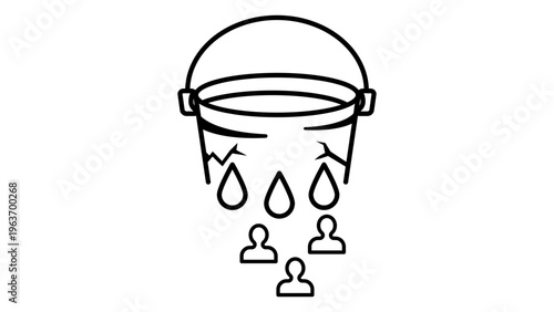Customer Churn Concept Vector Icon: Minimalist Black Line Illustration of a Leaking Bucket with Water Drops and People Silhouettes Representing Business Attrition and Client Loss on White Background