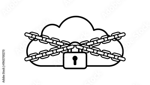 Cloud security vector icon illustration featuring a minimalist black line drawing of a cloud wrapped in metal chains and secured with a padlock on a white background for data protection concepts.